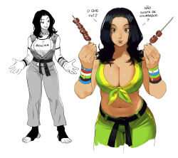Rule 34 | 1girl, bad id, bad twitter id, black hair, breasts, brown eyes, cleavage, conto, food, highres, holding, holding food, kebab, large breasts, laura matsuda, long hair, looking at viewer, martial arts belt, meat, scrunchie, street fighter, street fighter v, wrist scrunchie, wristband