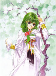 Rule 34 | 1990s (style), 1girl, absurdres, brooch, dress, fantasy, glasses, green background, green hair, hair over shoulder, highres, inomata mutsumi, jewelry, marker (medium), mutsumi inomata, official art, philia felice, priestess, purple eyes, retro artstyle, robe, round eyewear, scan, signature, solo, tales of (series), tales of destiny, traditional media, tree, white dress, wing brooch