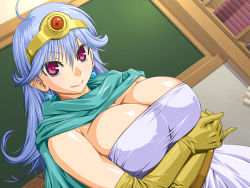 Rule 34 | 1girl, amano mitsurugi, belt, blue hair, breast hold, breasts, cape, chalkboard, circlet, cleavage, dragon quest, dragon quest iii, earrings, eyebrows, gloves, highres, huge breasts, indoors, jewelry, long hair, looking at viewer, pink eyes, sage (dq3), shiny skin, smile, solo, standing, upper body, yellow gloves