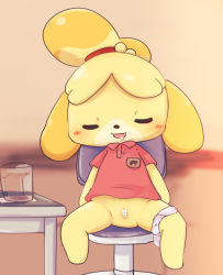 Rule 34 | 1girl, animal crossing, animal ears, animal nose, arms at sides, bar censor, barefoot, blonde hair, blurry, blurry background, blush, blush stickers, body fur, bottomless, breast pocket, brown background, censored, closed eyes, collared shirt, cup, dog ears, dog girl, drinking glass, drooling, eikuchi akarina, female focus, flat chest, full body, furry, furry female, hair bobbles, hair ornament, hair tie, indoors, isabelle (animal crossing), light blush, nintendo, on chair, open mouth, panties, panties around leg, panty pull, parted bangs, pocket, pussy, red shirt, saliva, shirt, short hair, short sleeves, sitting, sleeping, smile, solo, spread legs, table, topknot, two-tone fur, underwear, yellow fur