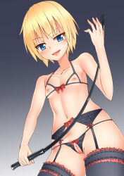 Rule 34 | 1girl, bdsm, blonde hair, blue eyes, blush, bra, breasts, cleft of venus, collarbone, crotchless, crotchless panties, cupless bra, female focus, femdom, frills, garter belt, gradient background, highres, looking at viewer, navel, nipples, nude, nyuuhin, open mouth, original, panties, pussy, riding crop, short hair, small breasts, smile, solo, thighhighs, uncensored, underwear