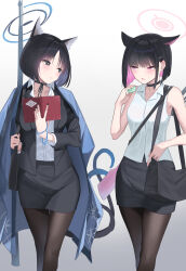 Rule 34 | 2girls, animal ears, black choker, black hair, black jacket, black pantyhose, black skirt, blazer, blue archive, blunt ends, blush, cat ears, cat tail, choker, colored inner hair, commentary request, extra ears, gun, gun on back, gun sling, halo, haori, highres, jacket, japanese clothes, kazusa (blue archive), kikyou (blue archive), looking at another, miniskirt, multicolored hair, multiple girls, multiple tails, office lady, pantyhose, partial commentary, pencil skirt, pink hair, shirt, short hair, shougun (chuckni1), sideways glance, simple background, skirt, sleeveless, sleeveless shirt, sweatdrop, tail, trait connection, two-tone hair, weapon, weapon on back, white background, white shirt
