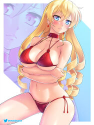 Rule 34 | 1girl, alternate hairstyle, artist name, bikini, blonde hair, blue eyes, breast hold, breasts, claire harvey, cleavage, crossed arms, drill hair, etchimune, hundred (light novel), large breasts, legs, long hair, looking at viewer, navel, red bikini, solo, swimsuit, thighs, twitter username