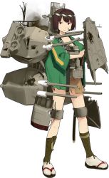 Rule 34 | 10s, 1girl, alternate costume, bob cut, brown hair, burnt clothes, cannon, flight deck, full body, game cg, hair ribbon, hyuuga (kancolle), japanese clothes, kantai collection, katana, machinery, nontraditional miko, official art, radar, ribbon, sandals, shibafu (glock23), skirt, solo, sword, transparent background, turret, weapon