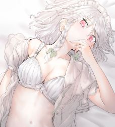 Rule 34 | 1girl, blush, bow, bra, braid, breasts, cleavage, geppewi, gradient background, hair bow, izayoi sakuya, looking at viewer, lying, maid headdress, navel, on back, open clothes, open shirt, red eyes, shirt, short hair, silver hair, solo, touhou, twin braids, underwear, upper body, white bra