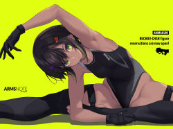 Rule 34 | 1girl, arm up, armpits, arms note, black hair, black one-piece swimsuit, breasts, competition swimsuit, dark-skinned female, dark skin, flexible, fukai ryosuke, green eyes, hair ornament, hairclip, highleg, highleg swimsuit, highres, looking at viewer, one-piece swimsuit, original, simple background, skindentation, small breasts, solo, spread legs, stretching, swimming club president (fukai ryousuke), swimsuit, thighhighs, wide spread legs