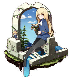 Rule 34 | 2girls, amelie planchard, animal ears, ascot, bad id, bad pixiv id, black legwear, blonde hair, blue sky, blush, chibi, cloud, day, glasses, grass, holding, house, kinakomoti, long hair, long sleeves, military, military uniform, multiple girls, pantyhose, perrine h. clostermann, pine tree, plant, pot, rabbit ears, rabbit girl, rabbit tail, sitting, sky, smile, solo focus, strike witches, strike witches: katayoku no majo-tachi, tail, thighhighs, tree, uniform, vines, water, world witches series