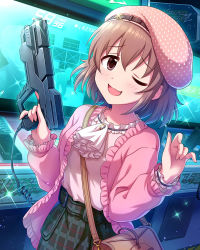 Rule 34 | bag, belted skirt, blouse, breasts, brown eyes, brown hair, cardigan, checkered clothes, checkered skirt, commentary, dot nose, frilled shirt, frilled sleeves, frills, green skirt, gun, hair between eyes, hands up, highres, holding, holding gun, holding weapon, idolmaster, idolmaster cinderella girls, indoors, kita hinako, light blush, long sleeves, looking at viewer, medium breasts, official art, one eye closed, open mouth, pink cardigan, shirt, short hair, shoulder bag, skirt, smile, sparkle, third-party edit, toy gun, video game, weapon, white shirt