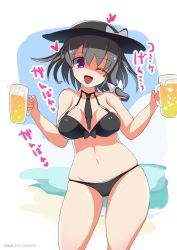 Rule 34 | 1girl, alcohol, alternate color, alternate costume, alternate eye color, amisu, beer, bikini, black hair, bow, breasts, dated, hair bow, hair ornament, hat, hat ribbon, heart, highres, image sample, looking at viewer, navel, necktie, one eye closed, open mouth, panties, purple eyes, ribbon, short hair, smile, solo, swimsuit, text focus, touhou, underwear, usami renko