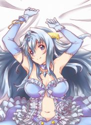 Rule 34 | 1girl, aurora star coral, belly, blush, breasts, cardfight!! vanguard, dakimakura (medium), dress, gloves, hair ornament, highres, large breasts, long hair, lying, mermaid, monster girl, navel, on back, on bed, plump, silver hair, solo, tail