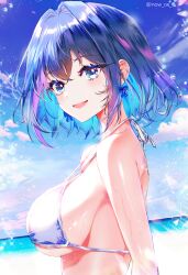 Rule 34 | 1girl, :d, absurdres, bare shoulders, bikini, blue bikini, blue bow, blue eyes, blue hair, blue sky, bow, bow earrings, breasts, cloud, commentary, earrings, from side, hair intakes, highres, hololive, hololive english, jewelry, large breasts, open mouth, ouro kronii, outdoors, short hair, sideboob, sidelocks, sky, smile, solo, sowon, swimsuit, symbol-only commentary, twitter username, upper body, virtual youtuber