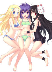 Rule 34 | 10s, 3girls, :o, ahoge, amatsuka seira, ankle cuffs, bare shoulders, barefoot, bikini, black hair, black one-piece swimsuit, blonde hair, blue eyes, blush, breasts, casual one-piece swimsuit, cleavage, feet, fox mask, frilled swimsuit, frills, geraldine bernstein, girl sandwich, gj-bu, hair ornament, hairpin, hand on another&#039;s stomach, hatomugi (hato6g), long hair, mask, multiple girls, navel, one-piece swimsuit, open mouth, polka dot, polka dot bikini, polka dot swimsuit, ponytail, purple eyes, purple hair, red eyes, sandwiched, shinomiya kasumi, short hair, simple background, small breasts, smile, soles, striped bikini, striped clothes, swimsuit, toes, white background