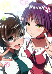 Rule 34 | 2girls, :d, ahoge, ai wa muteki, black eyes, black neckwear, blurry, blurry foreground, bow, breasts, brooch, brown hair, choker, closed mouth, commentary request, depth of field, dress, dress shirt, gegege no kitarou, hair bow, inuyama mana, jewelry, light particles, long sleeves, looking at viewer, medium breasts, messy hair, multiple girls, necktie, nekomusume, nekomusume (gegege no kitarou 6), open mouth, paw print, pointy ears, portrait, purple hair, red bow, red choker, red dress, shirt, short hair, side-by-side, smile, w, waving, white shirt, wing collar, yellow eyes