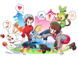 Rule 34 | !, 1boy, 1girl, all fours, bad id, bad pixiv id, beanie, bob cut, boots, brown eyes, brown footwear, brown hair, buttons, cardigan, closed mouth, collared dress, commentary request, creatures (company), denim, dress, game freak, gen 8 pokemon, gloria (pokemon), grass, green headwear, green legwear, grey cardigan, grey headwear, grookey, hat, heart, highres, hooded cardigan, jeans, musical note, nintendo, open mouth, outstretched hand, pants, pink dress, plaid, plaid legwear, poke ball, poke ball (basic), pokemon, pokemon (creature), pokemon swsh, red shirt, scorbunny, shiba inuta, shirt, shoes, short hair, sitting, sleeves rolled up, smile, sobble, socks, spoken exclamation mark, spoken heart, spoken musical note, starter pokemon trio, swept bangs, tam o&#039; shanter, tongue, torn clothes, torn jeans, torn pants, victor (pokemon)