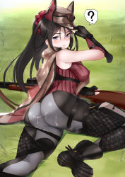 Rule 34 | 1girl, ?, adjusting clothes, adjusting headwear, ass, bad id, bad pixiv id, black gloves, black hair, black legwear, boots, breasts, cum, cum on ass, covered erect nipples, fingerless gloves, gloves, grass, gun, hair between eyes, hand on headwear, hat, highres, jirusu, kai schren, large breasts, long hair, looking at viewer, looking back, lying, military, military uniform, on stomach, ponytail, purple eyes, ribbed sweater, rifle, scrunchie, senjou no valkyria (series), senjou no valkyria 4, skin tight, smile, solo, spoken question mark, steam, sweater, turtleneck, turtleneck sweater, uniform, weapon
