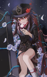 Rule 34 | 1girl, brown hair, coffin, flower-shaped pupils, genshin impact, hat, highres, hu tao (genshin impact), long sleeves, looking at viewer, marufus, red eyes, smile, solo, symbol-shaped pupils
