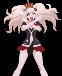 Rule 34 | 1girl, animated, animated gif, bear hair ornament, black necktie, black shirt, blinking, blonde hair, bow, bowtie, breasts, cleavage, crossed arms, crown, danganronpa: trigger happy havoc, danganronpa (series), english text, female focus, fingernails, grey eyes, hair ornament, looking at viewer, lowres, m/, miniskirt, nail polish, necktie, open mouth, pixel art, plaid, plaid skirt, plate, red bow, red nails, red skirt, shirt, sign of the horns, skirt, sleeves rolled up, solo, standing, teeth, thighs, tongue, tongue out, twintails, upper teeth only, white necktie