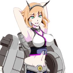 Rule 34 | 10s, 1girl, abs, armpits, arms behind head, blonde hair, breasts, gel (guyver123), green eyes, groin, kantai collection, large breasts, midriff, mutsu (kancolle), navel, rigging, solo, turret, white background