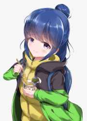 Rule 34 | 1girl, absurdres, aged down, backpack, bad id, bad pixiv id, bag, blue hair, chopsticks, closed mouth, hair bun, highres, holding, holding chopsticks, jacket, looking at viewer, nissin cup noodle, purple eyes, shima rin, short hair, sidelocks, simple background, single hair bun, smile, solo, upper body, white background, winter clothes, ysys, yurucamp
