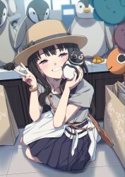 Rule 34 | 1girl, absurdres, belt, black hair, blue skirt, bow, bracelet, commentary request, earrings, grey skirt, grin, hands up, hat, hat bow, highres, holding, holding stuffed toy, indoors, inoue takina, jewelry, long hair, looking at viewer, lycoris recoil, mochi (m0chi0000), necklace, orange background, pleated skirt, purple eyes, red nails, sitting, skirt, smile, solo, stuffed animal, stuffed penguin, stuffed toy, v, white belt, yellow hat, yokozuwari