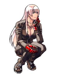 Rule 34 | 1girl, alternate costume, blue eyes, breasts, cleavage, cosplay, cross, gloves, highres, jacket, jewelry, k&#039; (kof), kula diamond, large breasts, leather, leather jacket, long hair, looking at viewer, necklace, simple background, smile, snk, solo, syachiiro, the king of fighters, very long hair, white background, white hair