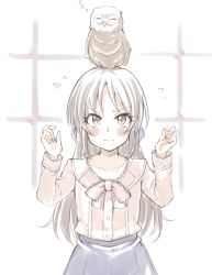 Rule 34 | 10s, 1girl, animal, animal on head, bird, blue bow, blue skirt, blush, bow, brown eyes, brown hair, buttons, closed mouth, collarbone, flat chest, flying sweatdrops, hair bow, hands up, idolmaster, idolmaster cinderella girls, jiino, long hair, long sleeves, looking up, on head, owl, pink bow, pink shirt, shirt, skirt, sleeping, solo, standing, tachibana arisu, upper body, wavy mouth, white background, zzz