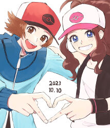 Rule 34 | 1boy, 1girl, baseball cap, blue eyes, blue jacket, brown eyes, brown hair, creatures (company), dated, enamo (dcah), game freak, hat, heart, heart hands, heart hands duo, highres, hilbert (pokemon), hilda (pokemon), jacket, light blush, looking at viewer, nintendo, open mouth, pokemon, pokemon bw, simple background, smile, white background, wristband