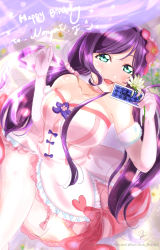 Rule 34 | 1girl, aqua eyes, artist name, artist request, bare shoulders, blush, bokutachi wa hitotsu no hikari, bow, braid, breasts, card, choker, cleavage, collarbone, dress, earrings, elbow gloves, female focus, flower, fur-trimmed gloves, fur trim, garter straps, gloves, green eyes, hair between eyes, hair flower, hair ornament, hair over shoulder, hair ribbon, hair scrunchie, hairband, hairbraid, heart, heart (symbol), highres, holding, holding card, holding flower, jewelry, large breasts, long hair, long twintails, looking at viewer, love live!, love live! school idol project, low twintails, minami yuka (kimikoko thanks), miniskirt, parted lips, pink bow, pink choker, pink dress, pink flower, pink scrunchie, pink skirt, purple bow, purple flower, purple hair, ribbon, scrunchie, skirt, smile, solo, tojo nozomi, twintails, white choker, white dress, white gloves, white hairband, white legwear, white ribbon, white scrunchie