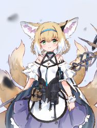 Rule 34 | 1girl, absurdres, animal ears, arknights, bad id, bad twitter id, blonde hair, blue background, blue hairband, blush, braid, closed mouth, dress, earpiece, fox ears, fox girl, fox tail, frills, fujimaki nora, green eyes, hair between eyes, hairband, highres, holding, holding staff, infection monitor (arknights), kitsune, kyuubi, multicolored hair, multiple tails, short hair, sidelocks, simple background, single wrist cuff, solo, staff, suzuran (arknights), tail, white hair, wrist cuffs