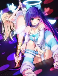 Rule 34 | 2girls, angel wings, ankle lace-up, ass, bent over, blonde hair, blue eyes, blue hair, breasts, bridal gauntlets, cross-laced footwear, green eyes, halo, high heels, highres, jewelry, large breasts, long hair, looking at viewer, looking back, meltyrice, multicolored hair, multiple girls, nail polish, one eye closed, open mouth, panties, panty &amp; stocking with garterbelt, panty (psg), pantyhose, pink hair, pole, ring, sandals, siblings, sisters, smile, sock pull, stocking (psg), strappy heels, striped clothes, striped thighhighs, stripper pole, thighhighs, toenail polish, toenails, toes, underwear, winged footwear, wings
