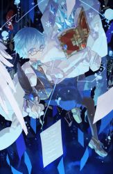 Rule 34 | 10s, 1boy, black legwear, blue eyes, blue hair, book, bow, bowtie, bubble, coat, crystal, fate/extra, fate/extra ccc, fate/grand order, fate (series), feathers, floating, glasses, hans christian andersen (fate), looking at viewer, male focus, matching hair/eyes, paper, phoenix0, quill, resolution mismatch, shorts, solo, source larger, vest, white coat