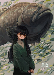 Rule 34 | 1girl, absurdres, animal, bad id, bad pixiv id, black hair, braid, cowboy shot, expressionless, fish, french braid, glasses, hair ornament, hairclip, highres, jewelry, katakai, long hair, long sleeves, looking at viewer, necklace, original, oversized animal, red-framed eyewear, red eyes, solo