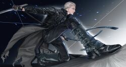 Rule 34 | 1boy, black footwear, black gloves, blue coat, blue eyes, closed mouth, coat, devil may cry (series), devil may cry 5, fingerless gloves, gloves, highres, holding, holding sword, holding weapon, katana, male focus, nonnon9977, solo, sword, vergil (devil may cry), weapon, white hair, yamato (sword)