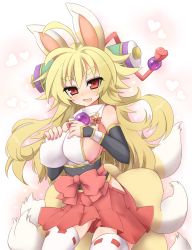 Rule 34 | 1girl, ahoge, animal ears, blonde hair, bow, breasts, rabbit ears, detached sleeves, fang, fox tail, hair ornament, hands on own chest, heart, izuna (shinrabanshou), large breasts, long hair, multiple tails, open mouth, red eyes, sasamashin, sash, scroll, shinrabanshou, side slit, sideboob, skirt, smile, solo, tabard, tail, thighhighs