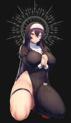 Rule 34 | 1girl, ;|, absurdres, black background, black dress, black footwear, black hair, breasts, covered navel, cross, crossed bangs, dress, expressionless, habit, hair between eyes, halo, highres, jdw, kneeling, large breasts, last origin, long hair, looking at viewer, no panties, nun, own hands together, praying, red eyes, skindentation, solo, taut clothes, taut dress, thick thighs, thigh strap, thighs, veronica type-asc