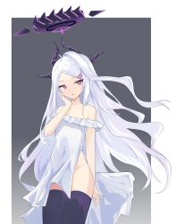 Rule 34 | 1girl, ahoge, alternate costume, bare shoulders, black thighhighs, blue archive, collarbone, commentary request, demon girl, demon horns, detached sleeves, dress, forehead, groin, hair ornament, hairclip, halo, head tilt, highres, hina (blue archive), horns, long hair, looking at viewer, no panties, parted bangs, parted lips, purple eyes, short sleeves, side slit, sidelocks, simple background, solo, strapless, strapless dress, thighhighs, two-tone background, umiaaaaa, wavy hair, white dress, white hair