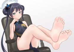 Rule 34 | 1girl, bare legs, bare shoulders, barefoot, black hair, blue archive, blush, breasts, chair, feet, feet up, foot focus, grey eyes, hair ornament, hinosaki, kisaki (blue archive), legs up, long hair, looking at viewer, nail polish, no panties, sitting, small breasts, soles, solo, toenail polish, toenails, toes, twintails