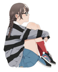 Rule 34 | 1girl, artist name, blush, braid, brown hair, from side, glasses, hugging own legs, long hair, mattaku mousuke, original, profile, red legwear, shoes, sitting, skirt, sneakers, solo, striped clothes, striped sweater, sweater, twin braids, watermark, white background