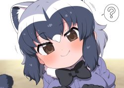 Rule 34 | 1girl, ?, animal ears, black bow, black bowtie, blue hair, blue sweater, blush, bow, bowtie, brown eyes, close-up, commentary request, common raccoon (kemono friends), extra ears, fang, fang out, fur collar, grey hair, highres, kemono friends, multicolored hair, puffy short sleeves, puffy sleeves, raccoon ears, raccoon girl, ransusan, short hair, short sleeves, smile, solo, spoken question mark, sweater, white fur, white hair