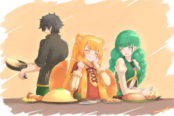 Rule 34 | 1boy, 2girls, ^ ^, animal ear fluff, animal ears, artist name, awaiyuhi, belt, black hair, black jacket, blush, braid, brown belt, closed eyes, closed mouth, commentary request, cooking, dress, eating, food request, frying pan, gem, green dress, green eyes, green hair, green pants, hand on own face, heart, high collar, highres, holding, holding frying pan, holding spatula, holding spoon, iwatani naofumi, jacket, light smile, long hair, long sleeves, looking at another, looking back, low twintails, multiple girls, neck ribbon, open mouth, orange hair, pants, raccoon ears, raccoon girl, raccoon tail, raphtalia, red dress, red gemstone, red ribbon, ribbon, rishia ivyred, short hair, sitting, sleeves rolled up, smile, spatula, spoon, standing, tail, tail wagging, tate no yuusha no nariagari, twin braids, twintails, twitter username, upper body, white dress, yellow background
