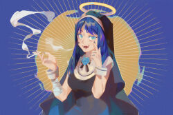 1girl ado_(utaite) bandaged_arm bandages bandaid bandaid_on_cheek bandaid_on_face between_fingers black_dress black_veil blue_background blue_eyes blue_flower blue_hair blue_rose breasts chando_(ado) cigarette commentary_request dress ellie_niunai_zhuyi_zhe eyelid_pull facial_mark fangs finger_to_eye fingernails flower forehead_mark grey_nails halo holding holding_cigarette kamippoina_(vocaloid) large_breasts looking_at_viewer making_faces nail_polish neck_flower nun open_mouth rose short_sleeves smoke smoke_trail solo star_(symbol) star_facial_mark teeth traditional_halo upper_body utaite veil wrist_cuffs yellow_halo