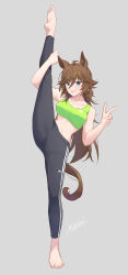 Rule 34 | 1girl, :p, absurdres, alternate costume, animal ears, artist name, bare shoulders, barefoot, black leggings, blue eyes, breasts, brown hair, commentary request, feet, green sports bra, grey background, highres, horse ears, horse girl, horse tail, leggings, long hair, looking at viewer, medium breasts, midriff, mr. c.b. (umamusume), mukakin, navel, simple background, smile, soles, solo, split, sports bra, spread legs, standing, standing on one leg, standing split, tail, toes, tongue, tongue out, umamusume, v, very long hair