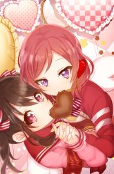 Rule 34 | 10s, 2girls, armband, bad id, bad pixiv id, balloon, black hair, candy, character name, chocolate, chocolate heart, eating, female focus, fingernails, food, frilled pillow, frills, from above, holding hands, headset, heart, heart-shaped pillow, highres, interlocked fingers, kurono kito, looking at viewer, love live!, love live! school idol festival, love live! school idol project, mouth hold, multiple girls, nail polish, nishikino maki, open mouth, pillow, purple eyes, red eyes, red hair, ribbon, shared food, short hair, short twintails, skirt, star (symbol), sweater, sweets, twintails, valentine, wings, yazawa nico