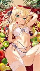 Rule 34 | 1girl, :o, absurdres, animal ear fluff, animal ears, apple, artist name, banana, bell, blackberry (fruit), blonde hair, blueberry, bra, breasts, cat ears, cat girl, cat tail, devil heavens, expressionless, flower, food, fruit, green apple, green eyes, highres, holding, holding food, holding fruit, kiwi (fruit), lime (fruit), lime slice, long hair, looking at viewer, lying, navel, neck bell, on back, one side up, open mouth, orange (fruit), orange slice, original, panties, red flower, single wrist cuff, small breasts, stomach, strawberry, tail, underwear, white bra, white flower, white panties, wrist cuffs