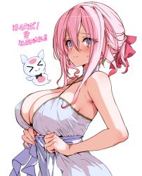 Rule 34 | 1girl, blush, breasts, choker, cleavage, closed mouth, dress, first stage production, hair ribbon, hirowa nagi, holding, holding clothes, holding dress, large breasts, looking at viewer, pink hair, ribbon, ryugahama yue, short hair, short hair with long locks, smile, solo, sweat, transparent background, virtual youtuber, white choker, white dress, yellow eyes
