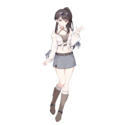 Rule 34 | 1girl, absurdres, bang dream!, bang dream! it&#039;s mygo!!!!!, bianxieshi ajing, boots, brown footwear, brown hair, chinese commentary, commentary request, commission, crop top, earrings, eyewear on head, full body, grey skirt, hair ornament, hairclip, highres, jewelry, knee boots, long hair, long sleeves, looking at viewer, navel, off-shoulder shirt, off shoulder, parted lips, ponytail, purple eyes, second-party source, shiina taki, shirt, simple background, skirt, smile, solo, sunglasses, w, white background, white shirt