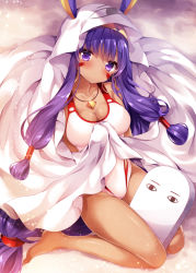 Rule 34 | &lt;o&gt; &lt;o&gt;, 1girl, animal ears, bare legs, bare shoulders, barefoot, bed sheet, blush, breasts, cleavage, closed mouth, collarbone, commentary, competition swimsuit, dark-skinned female, dark skin, earrings, facial mark, fate/grand order, fate (series), from above, full body, hair tubes, hairband, head tilt, hoop earrings, jewelry, large breasts, long hair, looking at viewer, low-tied long hair, necklace, nitocris (fate), nitocris (fate/grand order), nitocris (swimsuit assassin) (fate), nitocris (swimsuit assassin) (second ascension) (fate), nogi takayoshi, one-piece swimsuit, own hands together, pendant, purple eyes, purple hair, shiny skin, sidelocks, sitting, solo, sparkle, swimsuit, very long hair, white one-piece swimsuit, yellow hairband