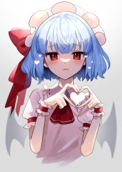 Rule 34 | 1girl, ascot, bad id, bad pixiv id, bat wings, blue hair, blush, bow, brooch, closed mouth, commentary request, cropped torso, dress, fang, fang out, finger heart, flat chest, frilled shirt collar, frills, gradient background, grey background, hat, hat bow, heart, highres, jewelry, light particles, light smile, looking at viewer, mob cap, pink dress, pink hat, puffy short sleeves, puffy sleeves, red ascot, red bow, red eyes, remilia scarlet, short hair, short sleeves, simple background, skin fang, solo, suikario, touhou, upper body, wings