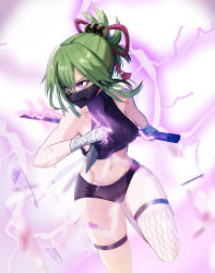 Rule 34 | 1girl, absurdres, bandages, bare arms, bare shoulders, black shirt, black shorts, breasts, commentary, crop top, dual wielding, electricity, fishnet thighhighs, fishnets, genshin impact, green hair, hair between eyes, highres, holding, holding sword, holding weapon, katana, kuki shinobu, kunai, large breasts, mask, micro shorts, midriff, mouth mask, navel, ponytail, purple eyes, shirt, short hair, shorts, single thighhigh, sleeveless, sleeveless shirt, solo, stomach, sword, take (ozzzryo), thigh strap, thighhighs, thighs, weapon, wrist wrap