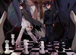 Rule 34 | 1girl, 2boys, arms at sides, black cape, black footwear, black hair, black headwear, black jacket, black pants, blue hair, breasts, buttons, cape, checkered floor, chess piece, chessboard, chu dong, closed eyes, closed mouth, crossed bangs, danganronpa (series), danganronpa v3: killing harmony, dress shirt, dual persona, from side, full body, grey jacket, grey pants, hair between eyes, head out of frame, highres, holding, holding mask, jacket, large breasts, long sleeves, looking at viewer, male focus, mask, unworn mask, multiple boys, official alternate costume, oma kokichi, pants, purple hair, red ribbon, ribbon, school uniform, shirogane tsumugi, shirt, shoes, standing, torn cape, torn clothes, upper body, walking